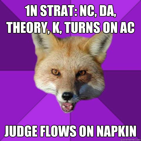 1N strat: nc, da, theory, k, turns on ac judge flows on napkin  Forensics Fox