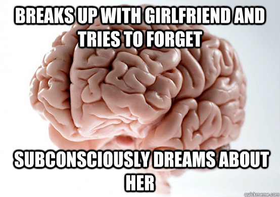 Breaks up with girlfriend and tries to forget  subconsciously dreams about her  Scumbag Brain make you late to work