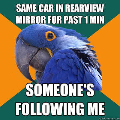 same car in rearview mirror for past 1 min someone's following me - same car in rearview mirror for past 1 min someone's following me  Paranoid Parrot