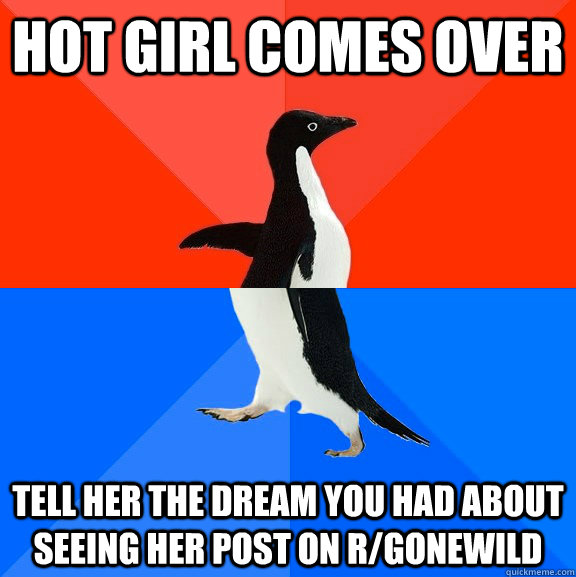 Hot girl comes over Tell her the dream you had about seeing her post on r/gonewild  Socially Awesome Awkward Penguin