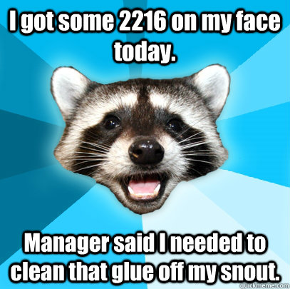 I got some 2216 on my face today. Manager said I needed to clean that glue off my snout. - I got some 2216 on my face today. Manager said I needed to clean that glue off my snout.  Lame Pun Coon