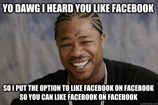 YO DAWG I HEARD YOU LIKE FACEBOOK so i PUT THE OPTION TO LIKE FACEBOOK ON FACEBOOK SO YOU CAN LIKE FACEBOOK ON FACEBOOK - YO DAWG I HEARD YOU LIKE FACEBOOK so i PUT THE OPTION TO LIKE FACEBOOK ON FACEBOOK SO YOU CAN LIKE FACEBOOK ON FACEBOOK  Xzibit meme