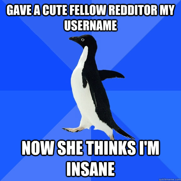 gave a cute fellow redditor my username now she thinks I'm insane  Socially Awkward Penguin