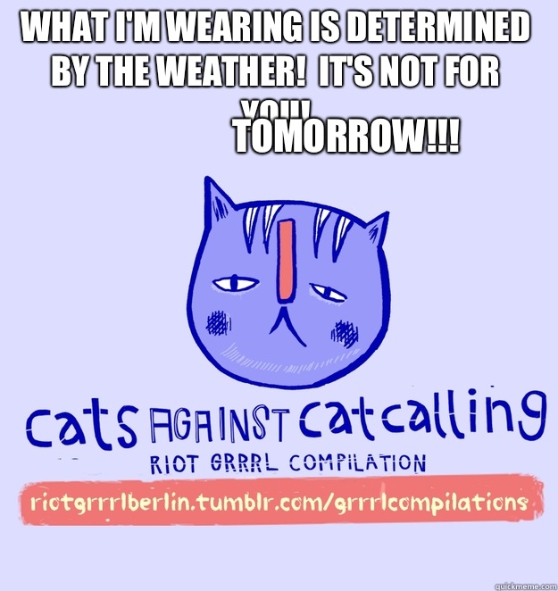 What I'm wearing is determined by the weather!  It's not for you! TOMORROW!!!  cats against catcalling