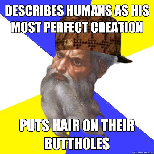 describes humans as his most perfect creation puts hair on their buttholes - describes humans as his most perfect creation puts hair on their buttholes  Scumbag God is an SBF