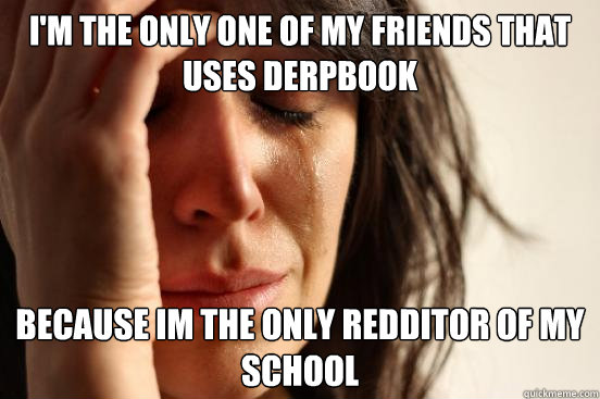 I'm the only one of my friends that uses derpbook Because im the only redditor of my school - I'm the only one of my friends that uses derpbook Because im the only redditor of my school  First World Problems