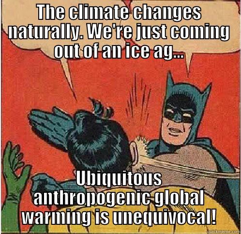 THE CLIMATE CHANGES NATURALLY. WE'RE JUST COMING OUT OF AN ICE AG... UBIQUITOUS ANTHROPOGENIC GLOBAL WARMING IS UNEQUIVOCAL! Batman Slapping Robin