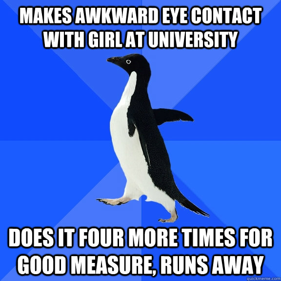 Makes awkward eye contact with girl at university does it four more times for good measure, runs away  Socially Awkward Penguin