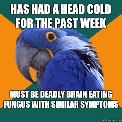 Has had a head cold for the past week Must be deadly brain eating fungus with similar symptoms  - Has had a head cold for the past week Must be deadly brain eating fungus with similar symptoms   Paranoid Parrot