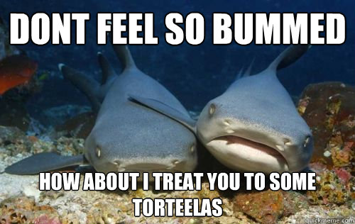 dont feel so bummed how about i treat you to some torteelas  Compassionate Shark Friend
