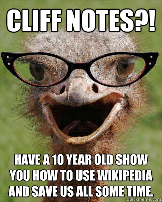 Cliff Notes?! HAVE A 10 year old show you how to use wikipedia and save us all some time.  - Cliff Notes?! HAVE A 10 year old show you how to use wikipedia and save us all some time.   Judgmental Bookseller Ostrich