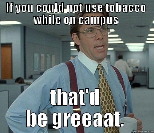 IF YOU COULD NOT USE TOBACCO WHILE ON CAMPUS THAT'D BE GREEAAT. Misc