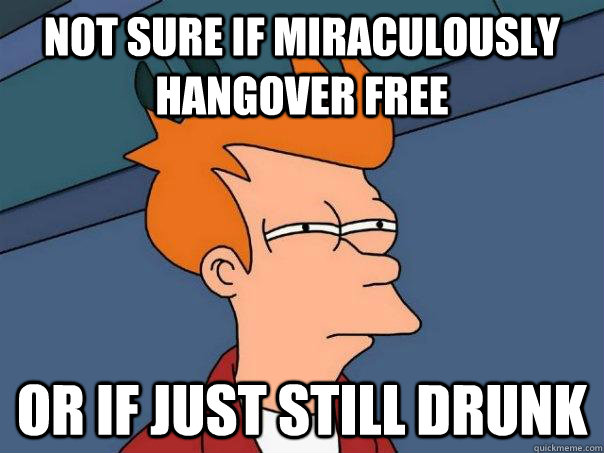 Not sure if miraculously hangover free or if just still drunk  Futurama Fry