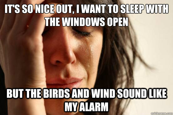It's so nice out, i want to sleep with the windows open but the birds and wind sound like my alarm  First World Problems