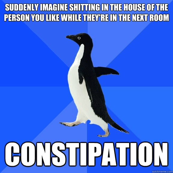 SUDDENLY IMAGINE SHITTING IN THE HOUSE OF THE PERSON YOU LIKE WHILE THEY'RE IN THE NEXT ROOM CONSTIPATION  Socially Awkward Penguin
