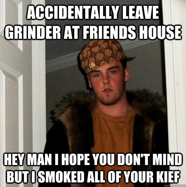 Accidentally leave grinder at friends house Hey man i hope you don't mind but i smoked all of your kief  Scumbag Steve