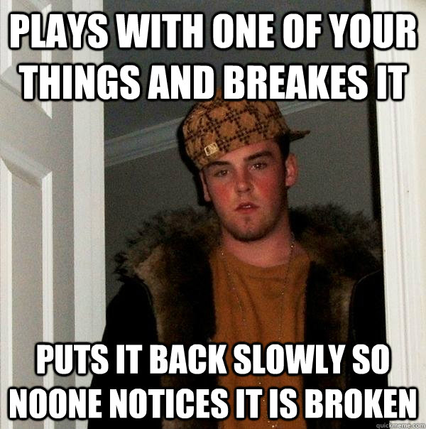 Plays with one of your things and breakes it Puts it back slowly so noone notices it is broken  Scumbag Steve