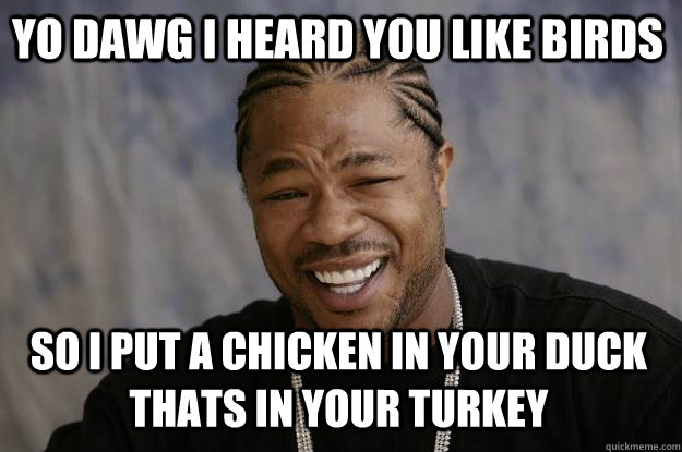 Yo dawg I heard you like birds So I put a chicken in your duck thats in your turkey - Yo dawg I heard you like birds So I put a chicken in your duck thats in your turkey  Xzibit meme