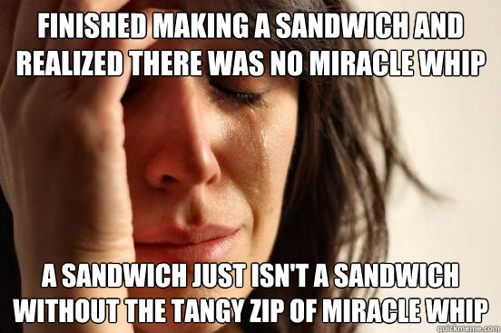finished making a sandwich and realized there was no miracle whip a sandwich just isn't a sandwich without the tangy zip of miracle whip  First World Problems