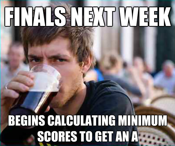 Finals next week Begins calculating minimum scores to get an A  Virgin College Senior