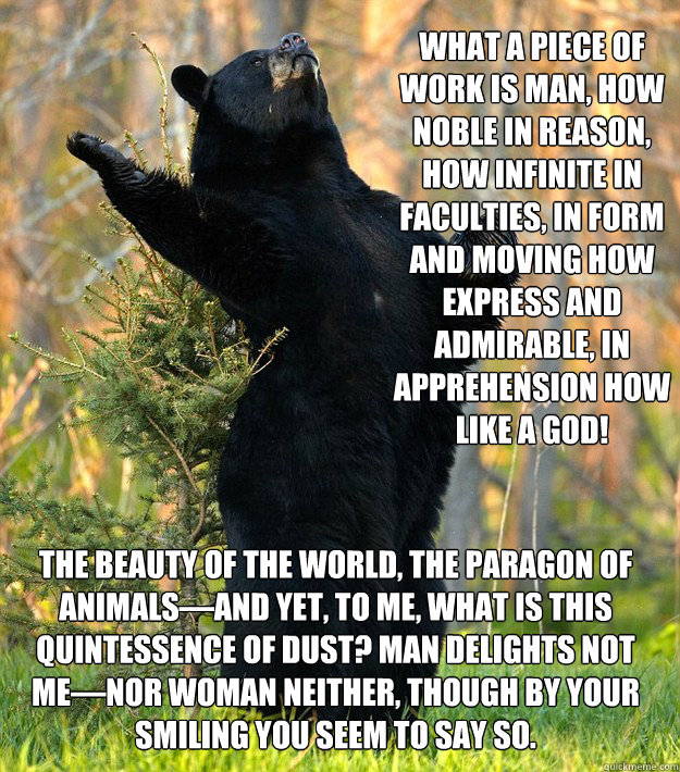 What a piece of work is man, how noble in reason, how infinite in faculties, in form and moving how express and admirable, in apprehension how like a god! the beauty of the world, the paragon of animals—and yet, to me, what is this quintessence of d  Shakesbear