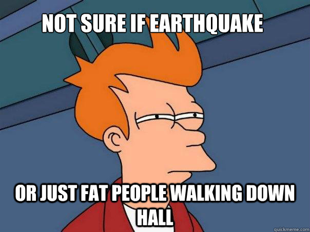 not sure if earthquake Or just fat people walking down hall  Futurama Fry