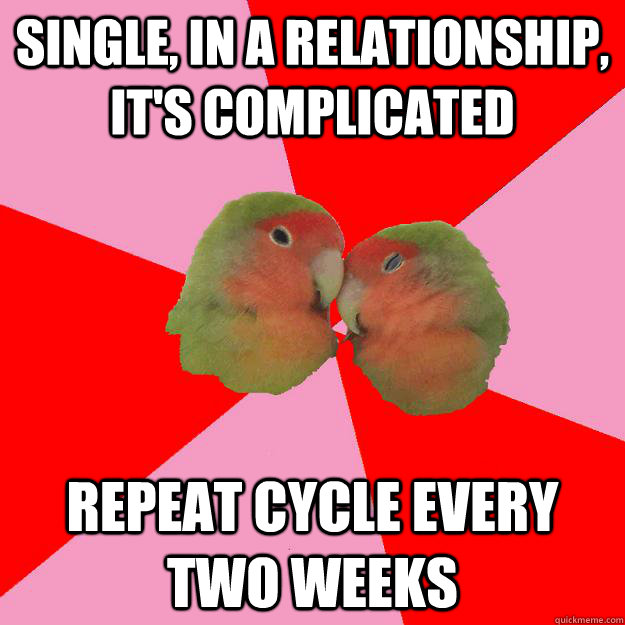 single, in a relationship, it's complicated repeat cycle every two weeks  