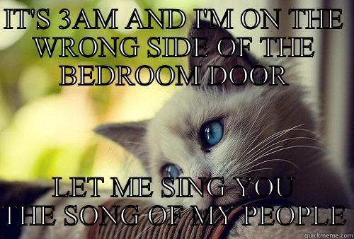 IT'S 3AM AND I'M ON THE WRONG SIDE OF THE BEDROOM DOOR LET ME SING YOU THE SONG OF MY PEOPLE First World Problems Cat
