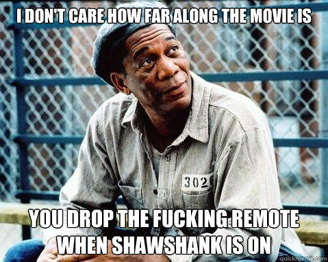 I don't care how far along the movie is you drop the fucking remote when shawshank is on - I don't care how far along the movie is you drop the fucking remote when shawshank is on  Shawshank Redemption