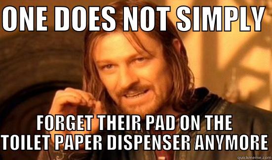 ONE DOES NOT SIMPLY  FORGET THEIR PAD ON THE TOILET PAPER DISPENSER ANYMORE Boromir
