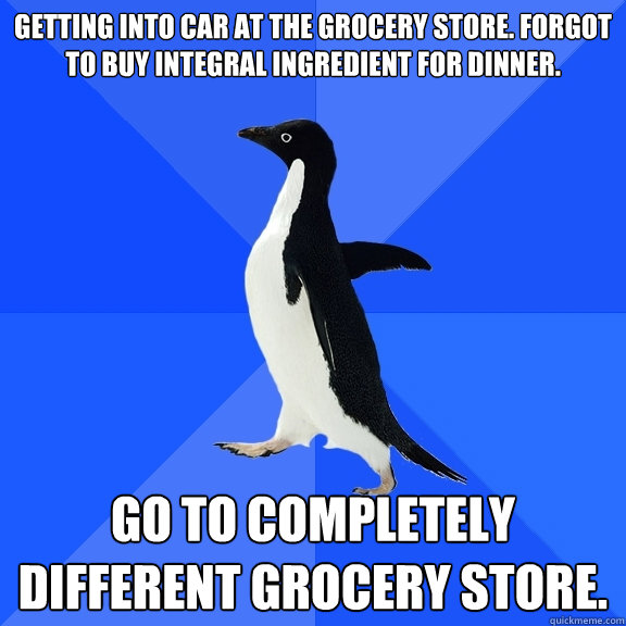 Getting into car at the grocery store. Forgot to buy integral ingredient for dinner. Go to completely different grocery store.   Socially Awkward Penguin