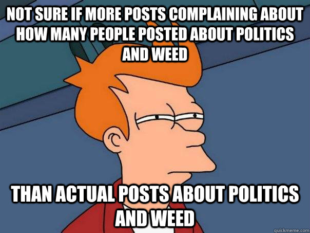 not sure if more posts complaining about how many people posted about politics and weed than actual posts about politics and weed  Futurama Fry