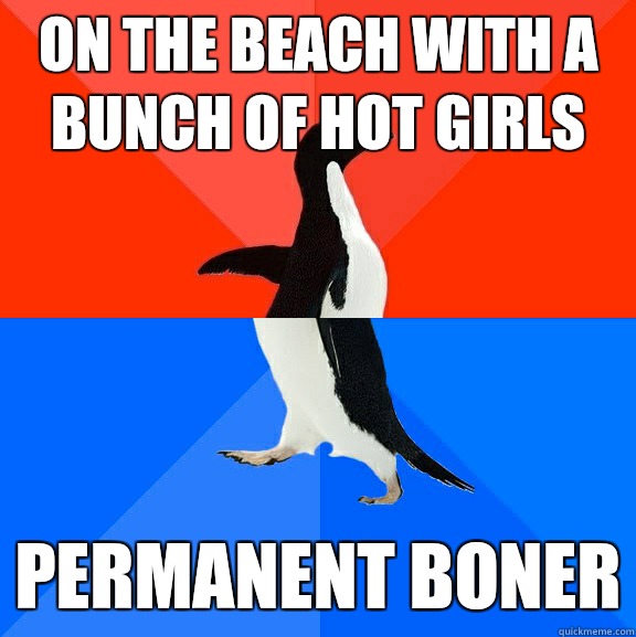 On the beach with a bunch of hot girls Permanent boner  Socially Awesome Awkward Penguin