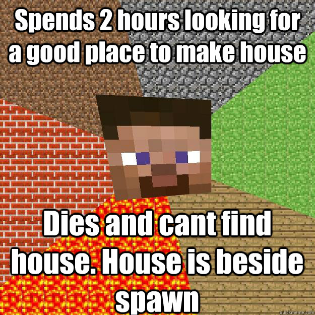 Spends 2 hours looking for a good place to make house Dies and cant find house. House is beside spawn  Minecraft