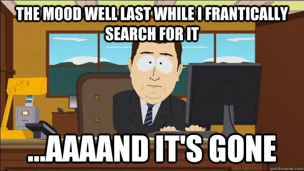 The mood well last while i frantically search for it ...Aaaand it's gone  aaaand its gone