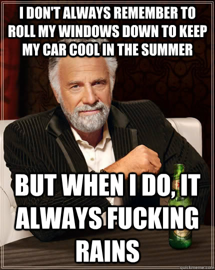 I don't always remember to roll my windows down to keep my car cool in the summer but when i do, it always fucking rains  The Most Interesting Man In The World