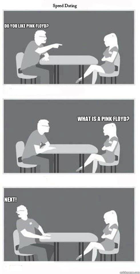 Do you like Pink Floyd? What is a pink floyd? NEXT!  Speed Dating