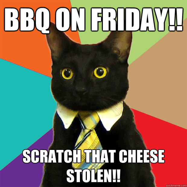 BBQ on Friday!! Scratch that Cheese stolen!!  Business Cat