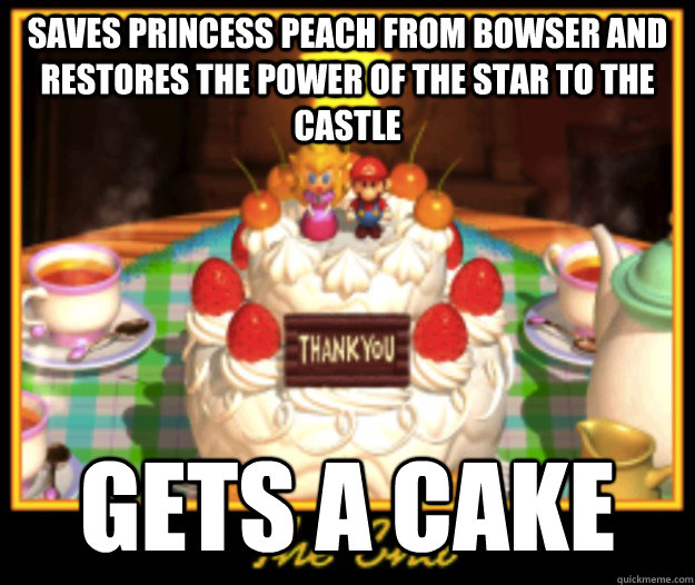 Saves princess peach from bowser and restores the Power of the star to the castle Gets a cake  - Saves princess peach from bowser and restores the Power of the star to the castle Gets a cake   Misc