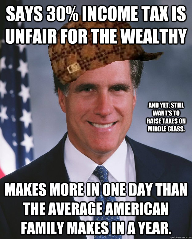 Says 30% income tax is unfair for the Wealthy Makes more in one day than the average american family makes in a year.  And yet, still want's to raise taxes on Middle Class.   Scumbag Romney