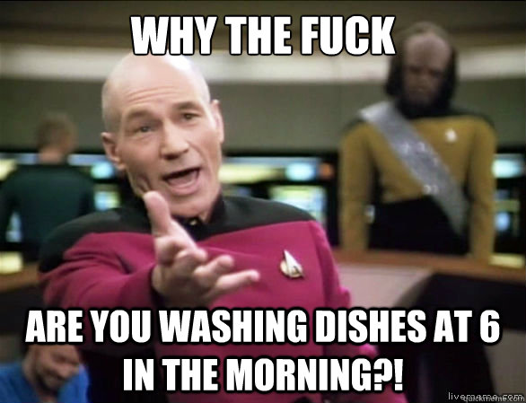 Why the Fuck Are you washing dishes at 6 in the morning?!  Annoyed Picard HD