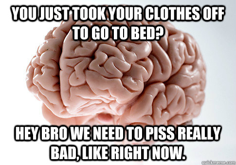 You just took your clothes off to go to bed? Hey bro we need to piss really bad, like right now.  ScumbagBrain