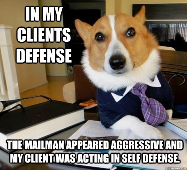 In my clients defense The mailman appeared aggressive and my client was acting in self defense.  Lawyer Dog
