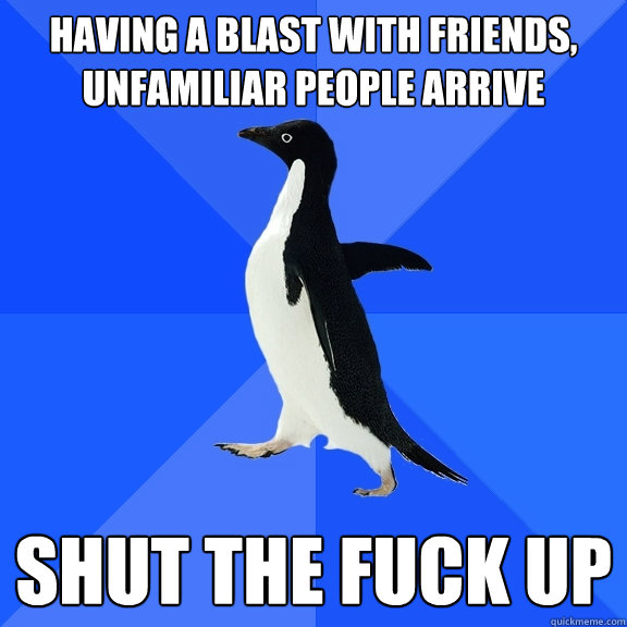 having a blast with friends, unfamiliar people arrive shut the fuck up  Socially Awkward Penguin