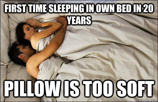 first time sleeping in own bed in 20 years pillow is too soft  spooning couple