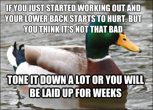 If you just started working out and your lower back starts to hurt, but you think it's not that bad tone it down a lot or you will be laid up for weeks  Actual Advice Mallard