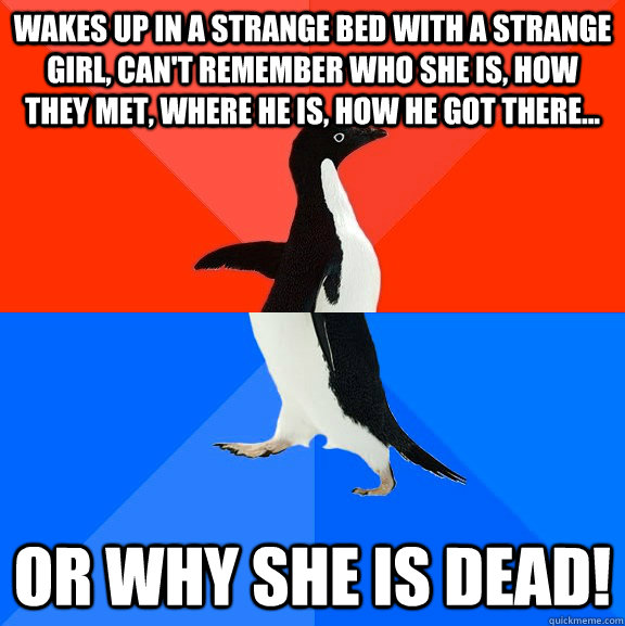 Wakes up in a strange bed with a strange girl, can't remember who she is, how they met, where he is, how he got there... or why she is dead!  Socially Awesome Awkward Penguin