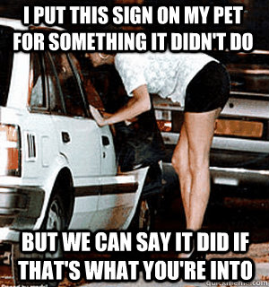 I put this sign on my pet for something it didn't do but we can say it did if that's what you're into  Karma Whore