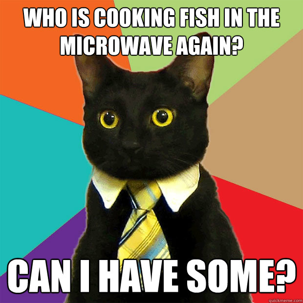 Who is cooking fish in the microwave again? Can i have some?  Business Cat