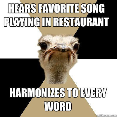 hears favorite song playing in restaurant  harmonizes to every 
word  Music Major Ostrich